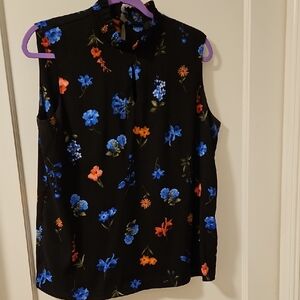 Tahari Sleeveless Black and Blue Blouse with Mandarin Collar